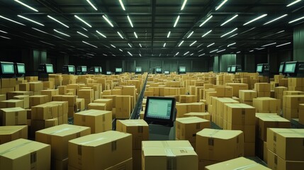 Poster - A high-tech logistics warehouse with automated sorting of cardboard boxes, enhanced with real-time tracking and digital monitoring screens.