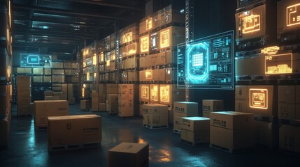 Poster - A modern warehouse with stacked cardboard boxes, illuminated by digital holographic interfaces displaying inventory and logistics data