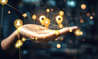 Leinwandbilder - Hand holding digital location map, city lights