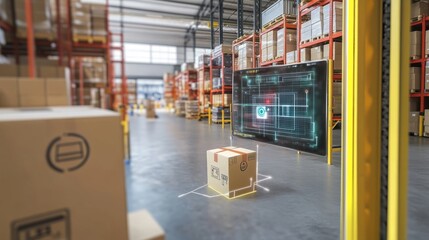 Poster - A seamless warehouse operation with cardboard boxes being scanned by smart devices, showcasing digital supply chain analytics in real time.