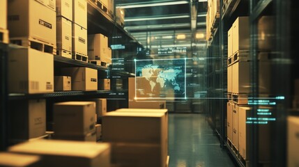 Poster - AI-powered warehouse management with neatly stacked cardboard boxes, barcode scanners, and futuristic digital interface projections