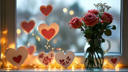 Wall Mural - Valentine Day windowsill adorned with heart-shaped paper cutouts, a vase of roses and glowing fairy lights