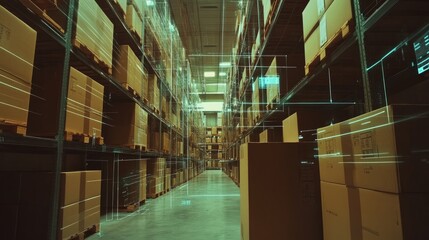 Poster - AI-powered warehouse management with neatly stacked cardboard boxes, barcode scanners, and futuristic digital interface projections