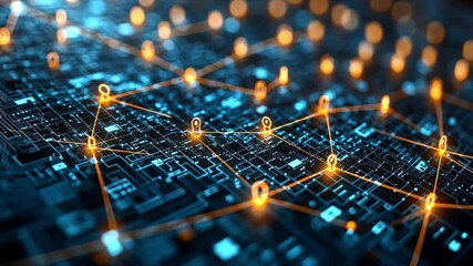 Poster - visual representation of a digital network with interconnected nodes and glowing markers