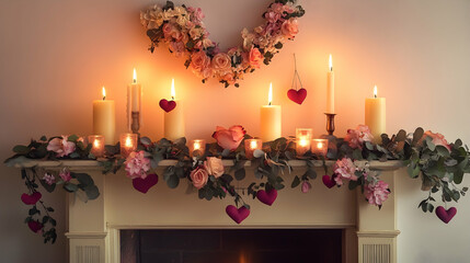Wall Mural - valentine day-inspired fireplace mantel featuring glowing candles, floral garlands and a garland of 