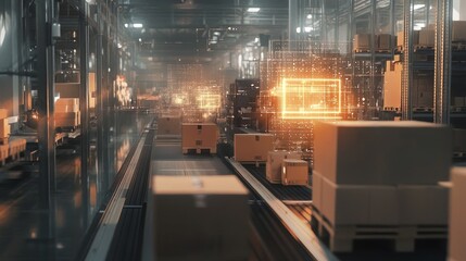 Poster - Automated warehouse scene with conveyor belts moving cardboard boxes, highlighted with digital technology and real-time tracking overlays.