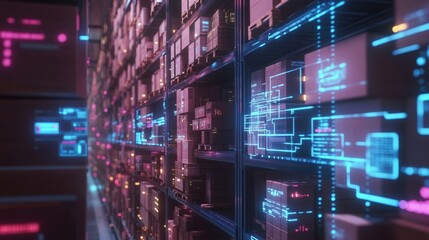 Poster - Smart warehouse shelving filled with cardboard boxes, enhanced with glowing digital data screens showcasing real-time stock tracking.