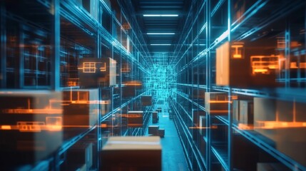 Poster - Warehouse efficiency powered by digital technology, featuring cardboard boxes on smart shelves with holographic inventory tracking overlays
