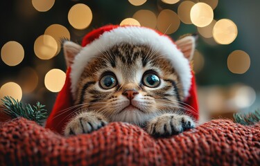 Wall Mural - A close-up shot of a cute cat in a Santa Claus outfit, gazing directly at the camera, with blurred Christmas tree lights forming a bokeh background