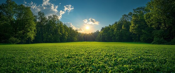 Panoramic natural landscape with green grass field meadow and blue sky with clouds, bright sun and horizon line