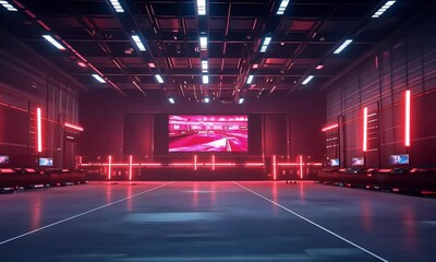 Aufkleber - Neon-lit arena, racing display, empty floor, futuristic warehouse