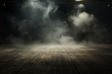 Poster - Smoke is filling a dark room with wooden floor and spotlights, creating a mysterious atmosphere