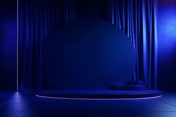 Poster - Round display stand illuminating empty stage with blue curtains, perfect for showcasing products