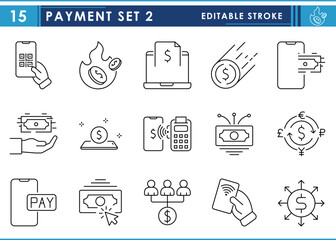 Poster - A set of line icons related to Payment. Pay, digital, cardless, QR, document, currency, and so on. Vector editable stroke.