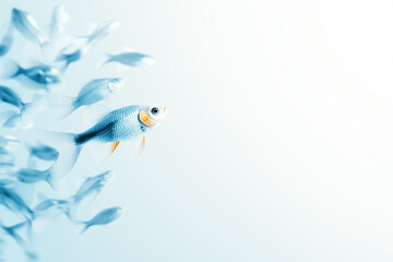 Poster - A solitary fish silhouette gracefully swims against a minimalist white background, capturing the essence of marine life in a serene midday ambiance. The bright even light enhances its abstract form