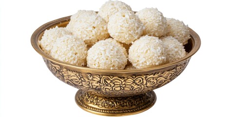 Wall Mural - A decorative gold bowl filled with rice balls, often served as a sweet and savory snack or dessert. A traditional South Asian dish that is also used as an ingredient in Indian cuisine.