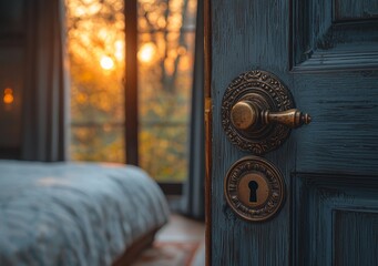 Vintage door featuring a retro-style knob, seen up close, in an elegant hotel room or house bedroom interior, with the door ajar