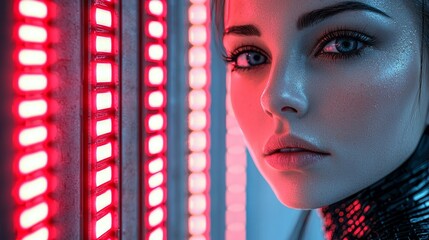 Poster - A futuristic robotic woman set against a high-tech background. Symbolizing technology, robotics, and the stock market with a forward-looking theme