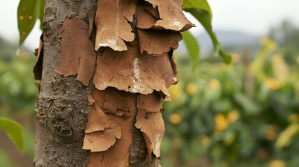 Peeling tree bark, orchard background, agricultural setting, nature texture