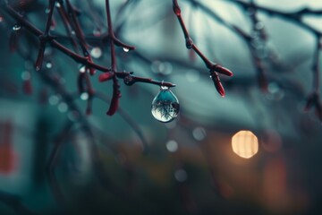 Poster - Water droplet reflecting a tree on a branch after the rain