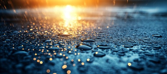 Wall Mural - rain drops glistening on wet surface at sunset, natural background with shallow depth of field