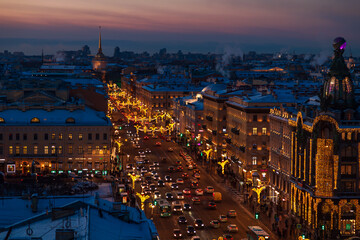 Wall Mural - Aerial view of festively decorated Nevsky Prospect and the House of Books from the Dumskaya Tower.