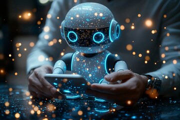 Poster - An AI Chatbot serves as intelligent digital customer service. A businessman employs a smartphone with the Chatbot app to automatically answer online messages, assisting customers promptly