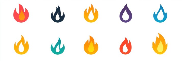 Fototapete - Colorful flame icons represent heat, fire, energy, and passion in a vibrant, playful style suitable for digital design. Generative AI