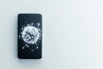 Poster - A basic smartphone rests on a clean white surface, illuminated by soft diffused light. The device displays a tiny globe icon, symbolizing connectivity and a modern digital world