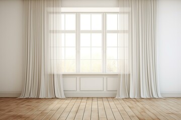 Poster - Interior design of a modern empty room with big window, white curtains and wooden floor