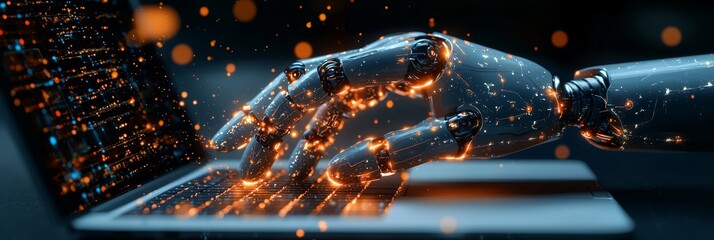 Poster - Hands of a robot using a laptop connected to a big data network