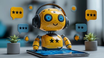 Poster - Judge AI services. Solicit AI feedback. Provide AI ratings. Execute an online survey. Examine robot applications. Investigate Stock AI and business IoT developments. Picture a 3D robot using a