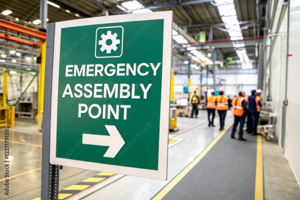 A green sign indicates the emergency assembly point in a workspace ...