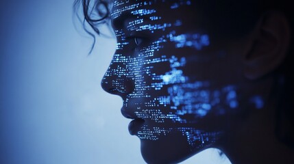 Woman's face, digital code overlay, futuristic background, AI concept