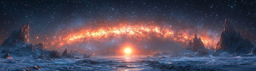 Wall Mural - A stunning wide-angle view of an alien terrain featuring majestic spires against a sky swollen with stars