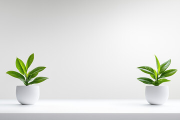 Poster - Two green leaves elegantly balanced in identical white pots occupy a minimalist setting against a neutral background, radiating a sense of tranquility and natural beauty
