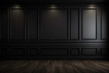 Poster - Spotlights illuminating classic black wall panels in empty room with dark wooden floor