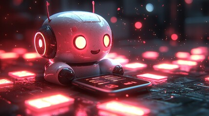 Poster - on a modern smartphone screen, a friendly chatbot avatar with a speech bubble is prominently display