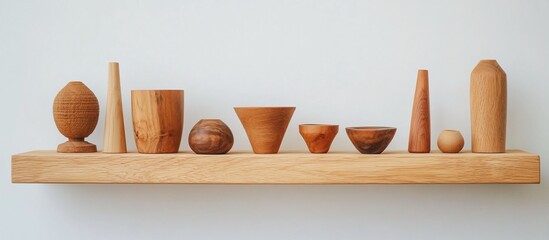 Sticker - Wooden decorative objects arranged on shelf against white wall