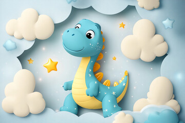 Poster - Adorable cartoon blue dinosaur surrounded by clouds and stars in a dreamy sky setting, showcasing playful and whimsical concepts for childrenâ€™s themes or creative designs