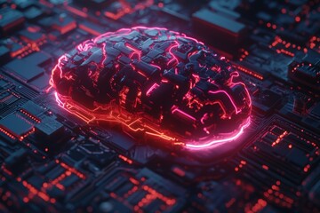 Aufkleber - Innovative digital brain concept glowing with neon lights on a circuit board