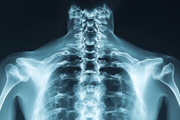 Poster - X-ray of human spine revealing vertebrae, ribs, and shoulder structure in detailed view