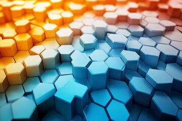 Poster - Hexagonal patterns shift from warm oranges to cool blues in a vibrant digital design