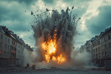Aufkleber - Explosion in an urban setting during evening hours causes debris to scatter among buildings