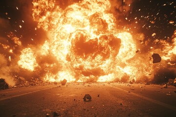 Aufkleber - Explosion creates a fiery spectacle on an empty road during a dramatic night scene