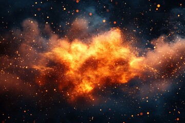 Poster - Dramatic explosion of vibrant orange flames and glowing particles against a dark background in cosmic atmosphere