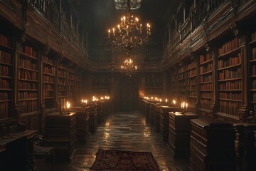 Poster - Enchanted library filled with ancient books and warm candlelight creating a mystical atmosphere at dusk