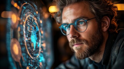 Poster - A businessman presents a virtual image of the Global Internet and stocks, utilizing a command to create something, illustrating the transition to sophisticated technology