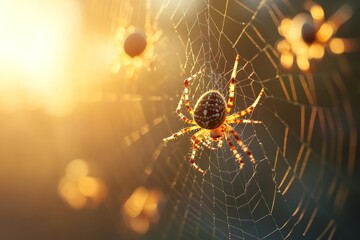 Aufkleber - Close-up view of a spider weaving its intricate web during golden hour with sunlight glowing behind