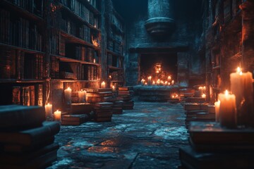 Poster - Enchanted library filled with ancient books and flickering candles at night